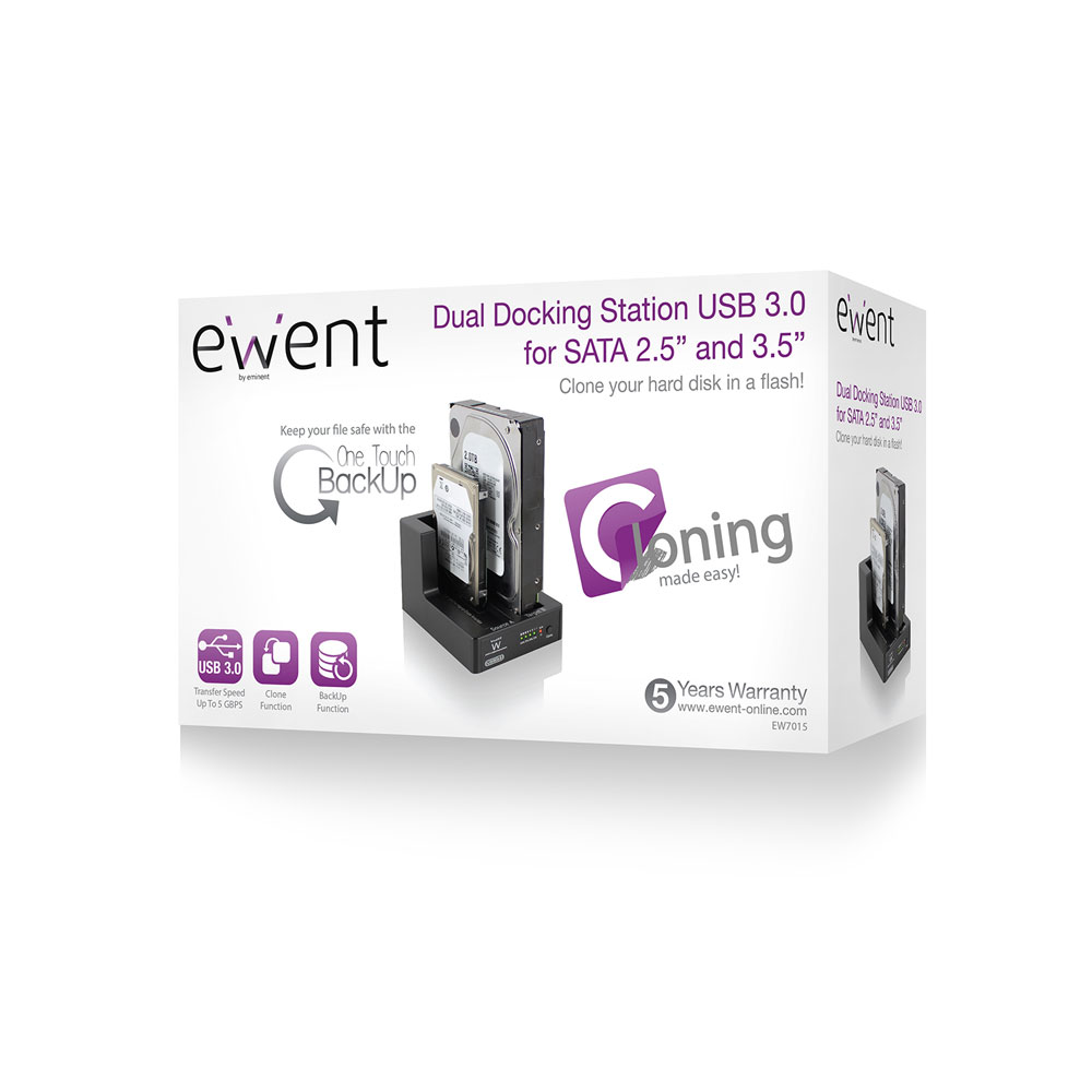 DUAL DOCKING STATION EWENT USB3.0 PER HDD SATA 2.5" e 3.5" FINO A 4TB + FUNZIONE CLONE E BACK-UP EW7015