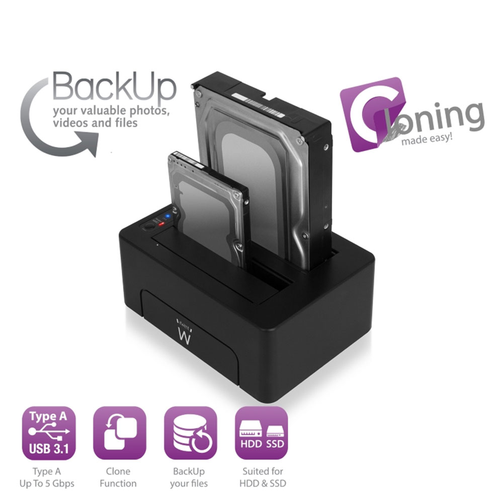 DUAL DOCKING STATION EWENT USB 3.1 Gen1 (USB 3.0) PER HDD/SSD SATA 2.5" e 3.5" FINO A 4TB + FUNZIONE CLONE E BACK-UP 	EW7014