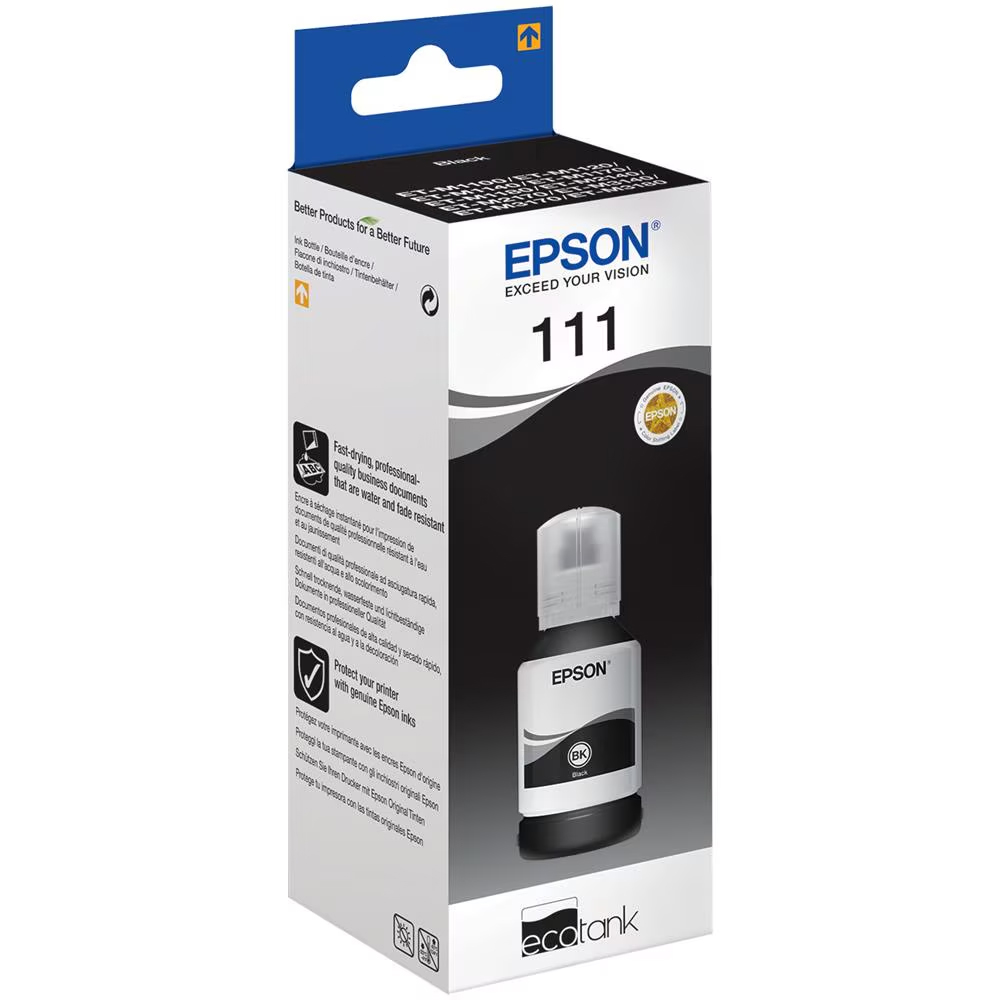 FLACONE DI INCHIOSTRO EPSON ECOTANK 111 C13T03M140 NERO ORIGINALE 120ml ECOTANK ET-M1100 ET-M1120  ET-M2140 ET-M1140 ET-M1180 ET-M3140 ET-M3170 ET-M3180