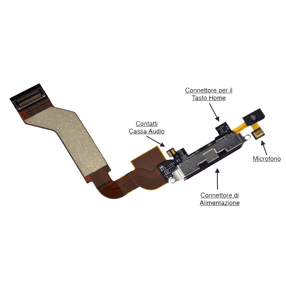 RICAMBIO FLAT CABLE APPLE IPHONE 4S CON CONNETTORE DI RICARICA + MICROFONO COLORE NERO ORIGINALE