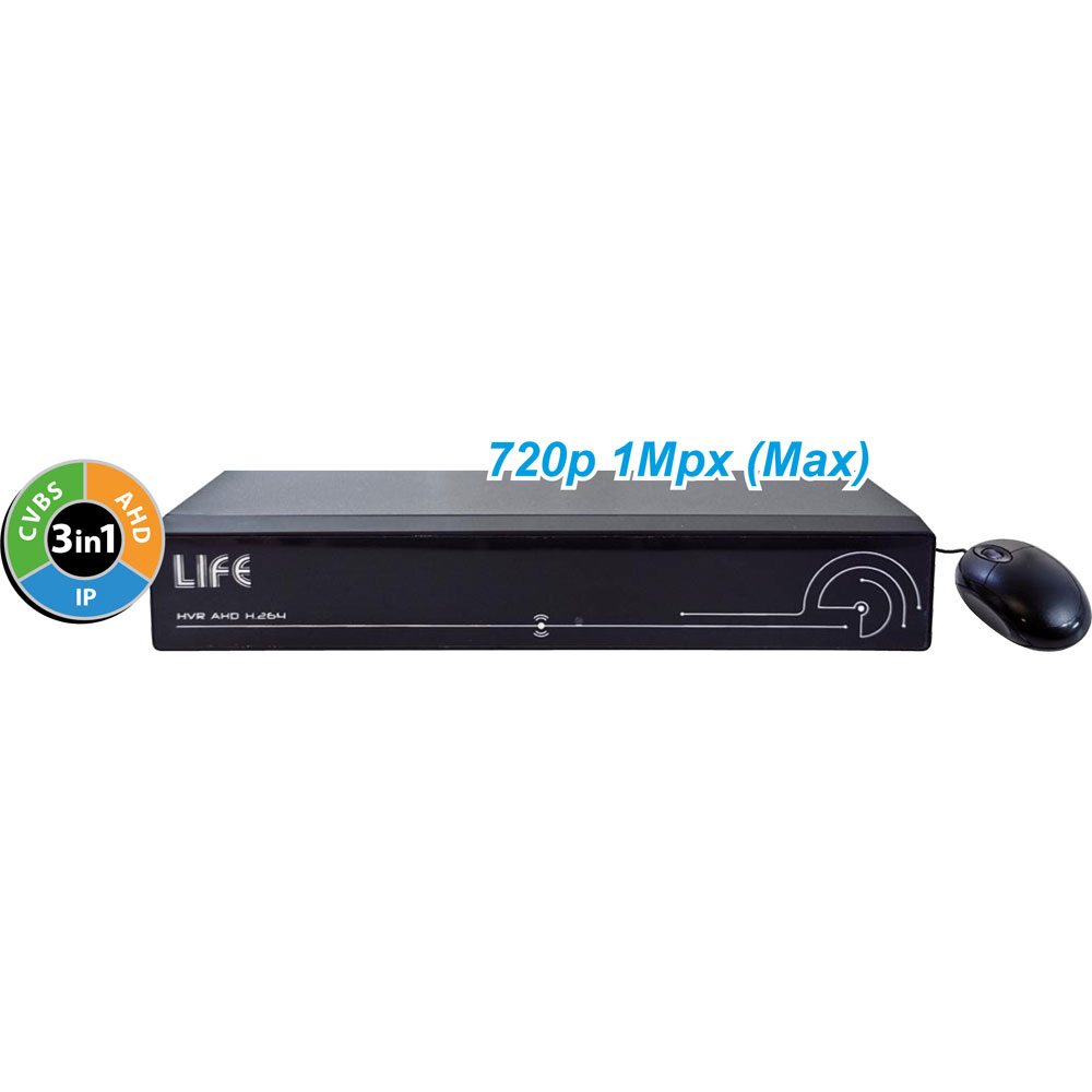 VIDEOREGISTRATORE 3IN1 LITE HVR H264 PENTAPLEX MULTITECNOLOGIA CONFIGURABILE AHD-CVBS-IP 8CH Full 720P HDMI,AUDIO,DDNS,HDD SATA NON INCLUSO