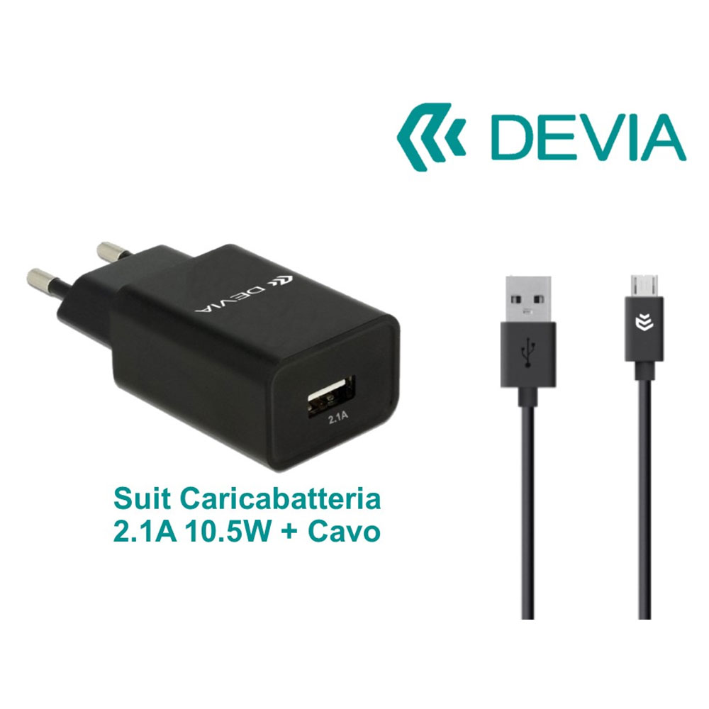KIT DEVIA DESC21A186B CARICABATTERIE 2.1A (10.5W) FAST CHARGE + CAVO DATI 1MT ANDROID "Micro USB" COLORE NERO
