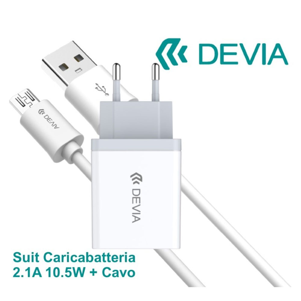 KIT DEVIA DESC21A186B CARICABATTERIE 2.1A (10.5W) FAST CHARGE + CAVO DATI 1MT ANDROID "Micro USB" COLORE BIANCO