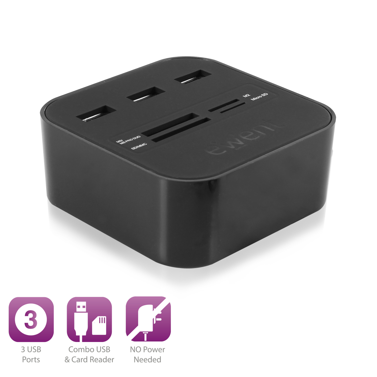LETTORE EWENT CARD READER ESTERNO USB 2.0 SD, SDHC, SDXC, M2, XD, MS + HUB USB 3 PORTE  EW1044