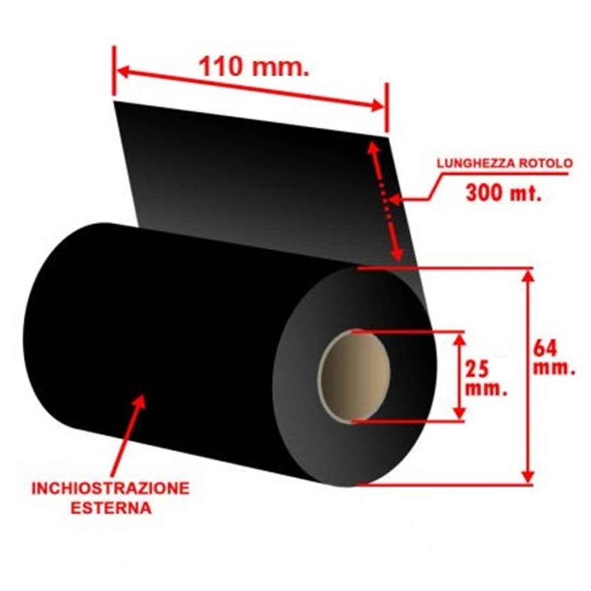 RIBBON WAX CERA NERO "Nastro Carbografico" 110mm x 300 mt AN.25 INCHIOSTRAZIONE "OUT" (esterno)
