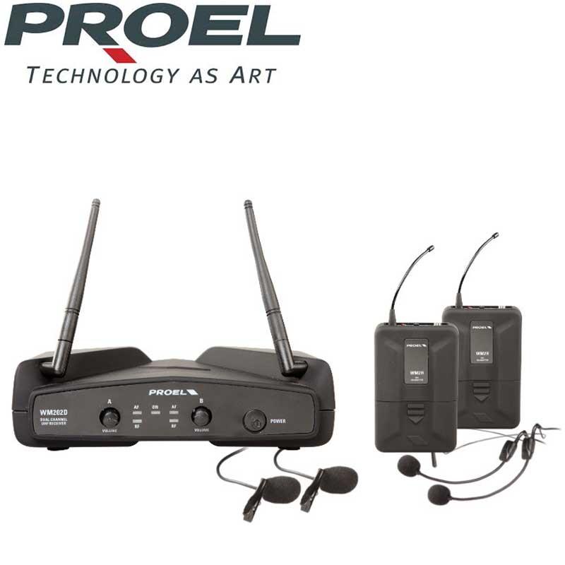 RADIOMICROFONO PROFESSIONALE PROEL WM202DH DUAL DOPPIO LAVALIER E HEADSET UHF 864.900MHz + RICEVITORE