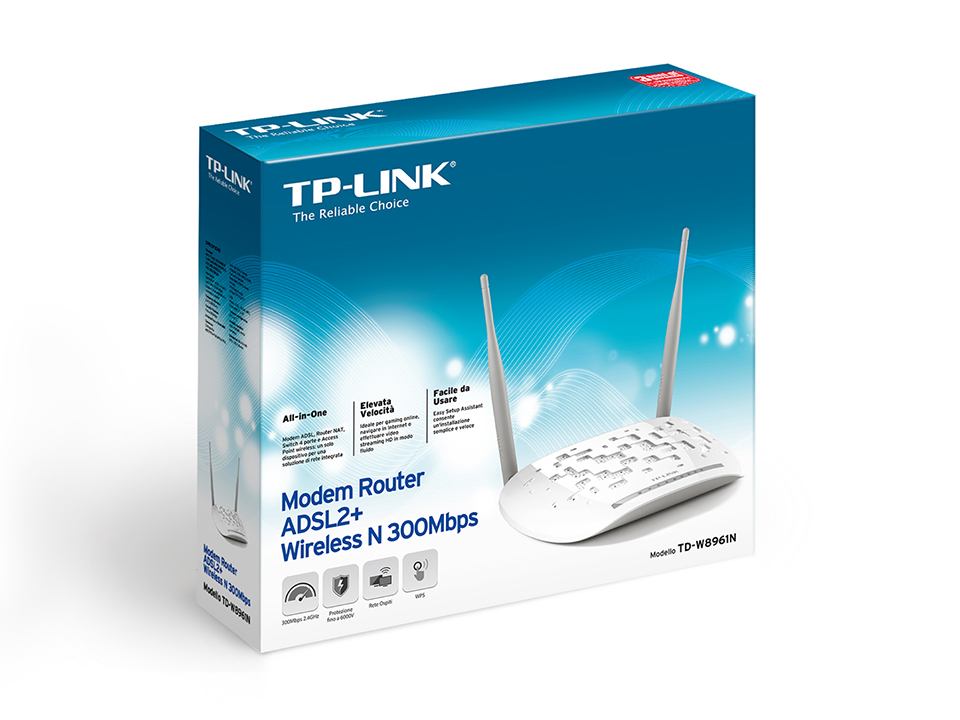 ROUTER TP-LINK TD-W8961N ADSL2/2+ WIRELESS N 300Mbps+ SWITCH 4PT ANTENNA OMNI DIREZIONALE 3 dBi