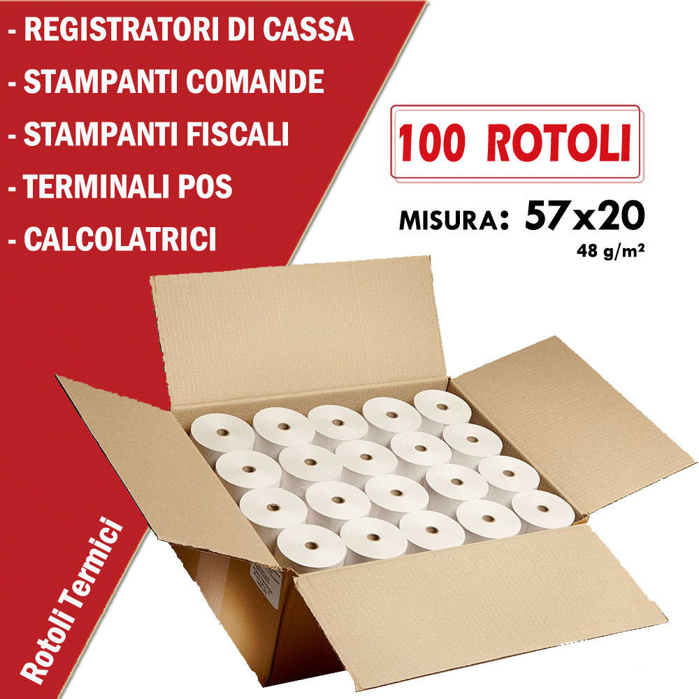 ROTOLO TERMICO 57x20mt anima da 12mm per TEMINALI POS - CALCOLATRICE CONF. 100PZ