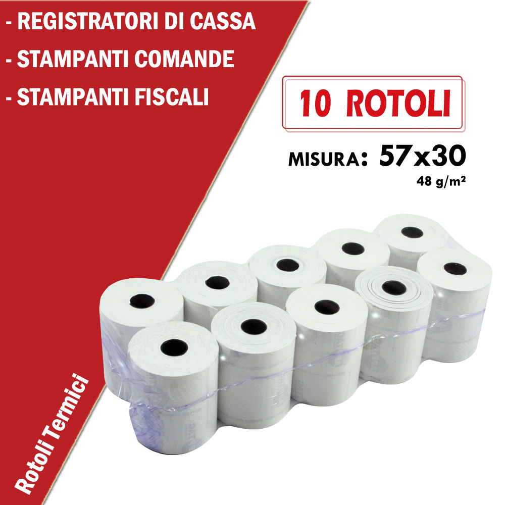 ROTOLO TERMICO 57x30mt anima da 12mm per REGISTRATORI DI CASSA - STAMPANTI FISCALI - STAMPANTI TICKET - BILANCE CONF. 10PZ