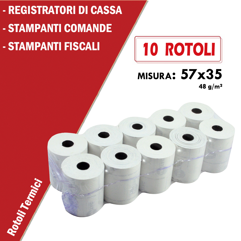 ROTOLO TERMICO 57x35mt anima da 12mm per REGISTRATORI DI CASSA - STAMPANTI FISCALI - STAMPANTI TICKET CONF. 10PZ