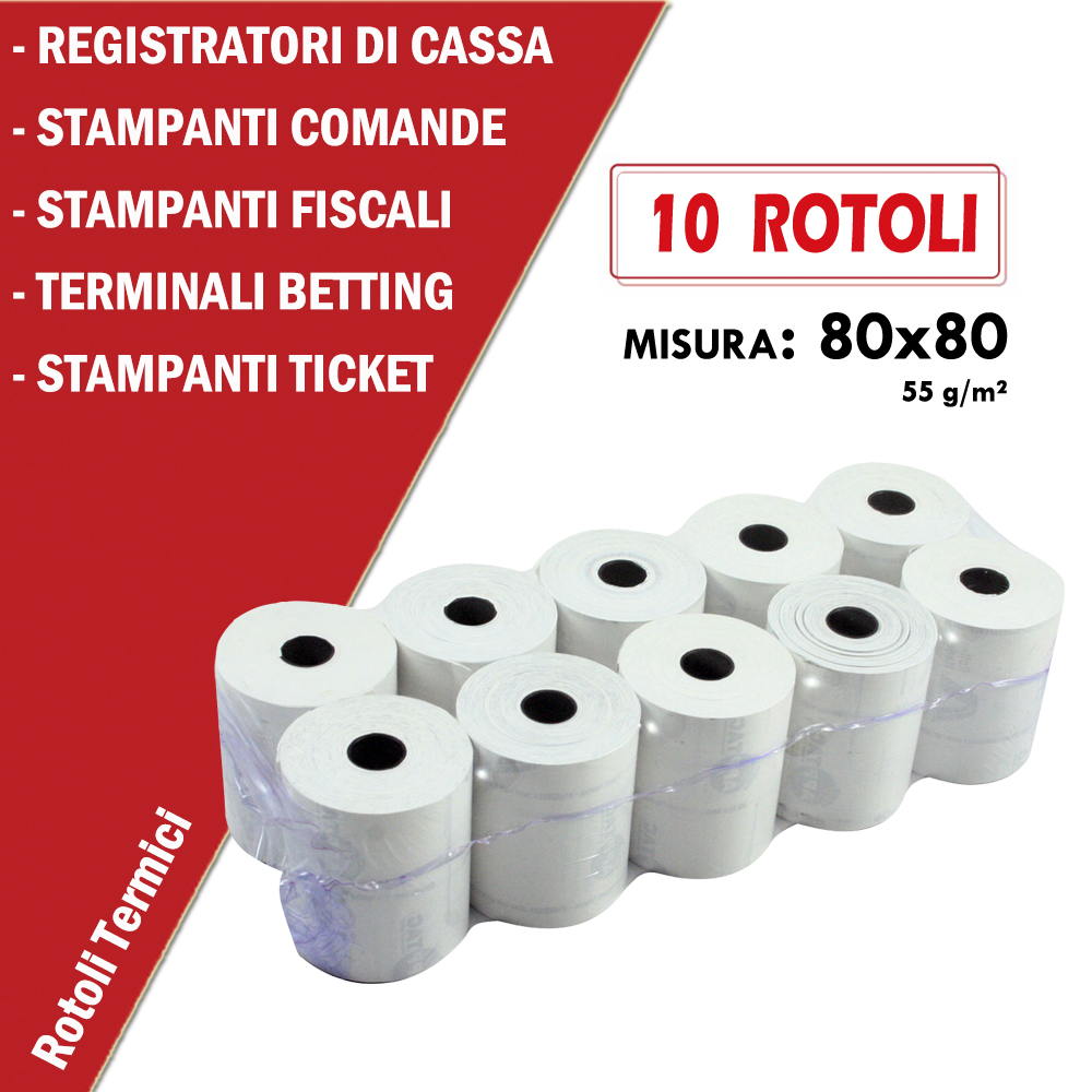 ROTOLO TERMICO 80x80mt anima da 12mm per REGISTRATORI DI CASSA - STAMPANTI FISCALI - STAMPANTI COMANDE - STAMPANTI TICKET - TERMINALI BETTING CONF. 10PZ