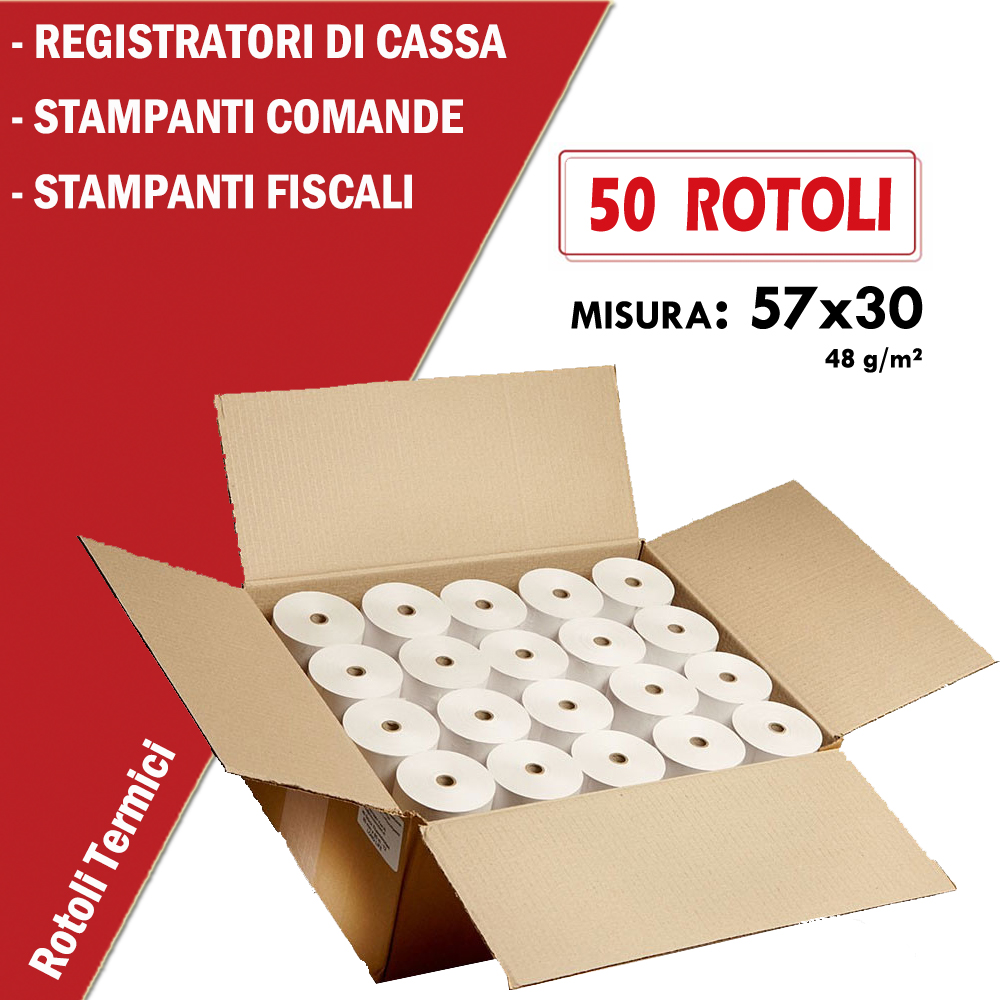 ROTOLO TERMICO 57x30mt anima da 12mm  per REGISTRATORI DI CASSA - STAMPANTI FISCALI - STAMPANTI TICKET - BILANCE CONF. 50PZ