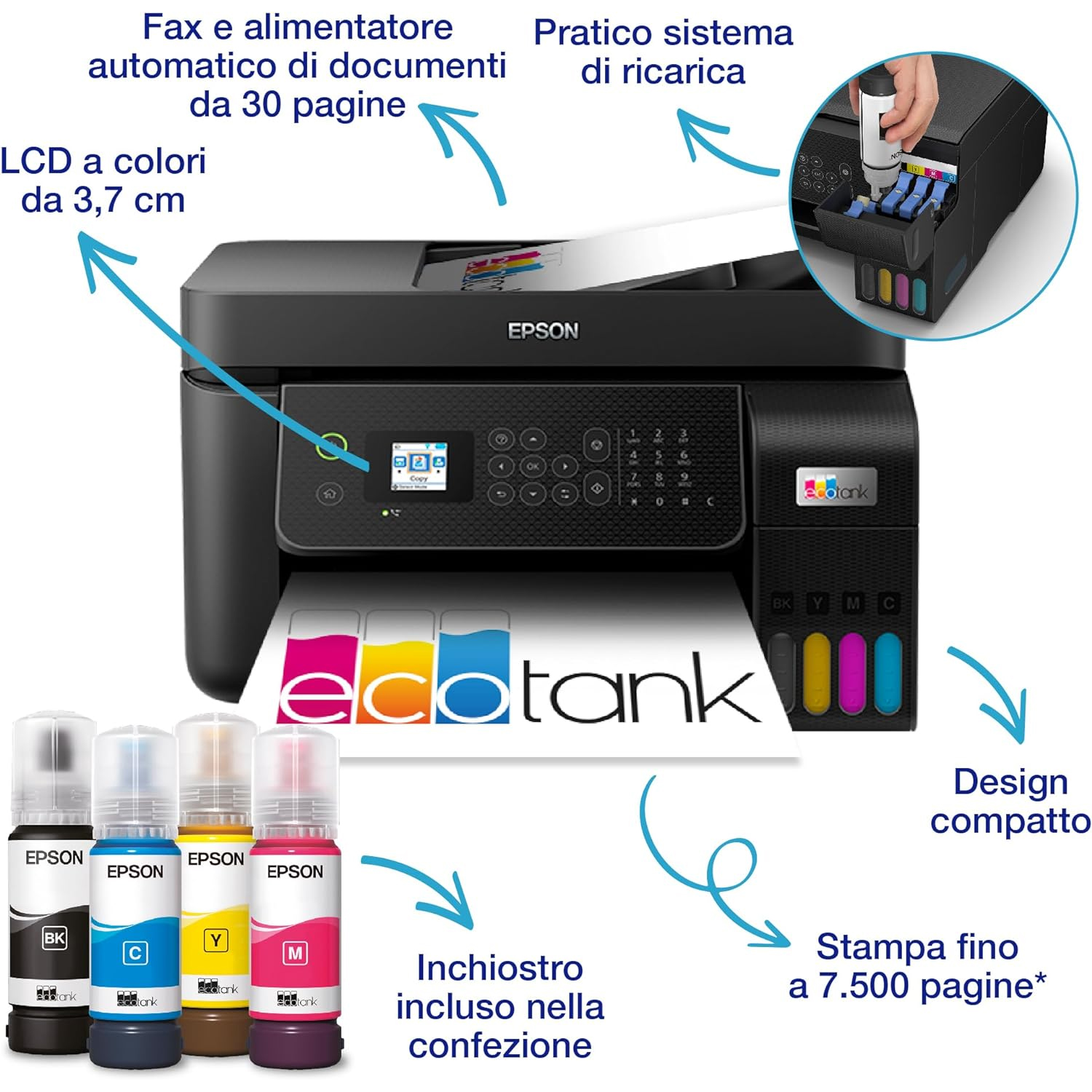 MULTIFUNZIONE EPSON EcoTank ET-4850 Wi-Fi, Wi-Fi Direct, Ethernet e USB - A4 con ADF - copia + stampa + scansione + fax