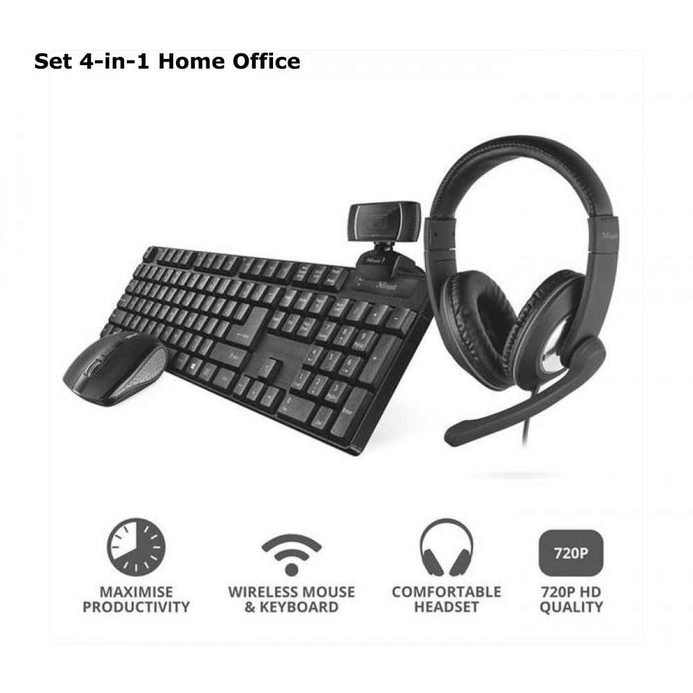 KIT TRUST QOBY 4-in-1 TRUST HOME OFFICE - tastiera wireless, mouse wireless compatto, webcam HD e cuffie over-ear