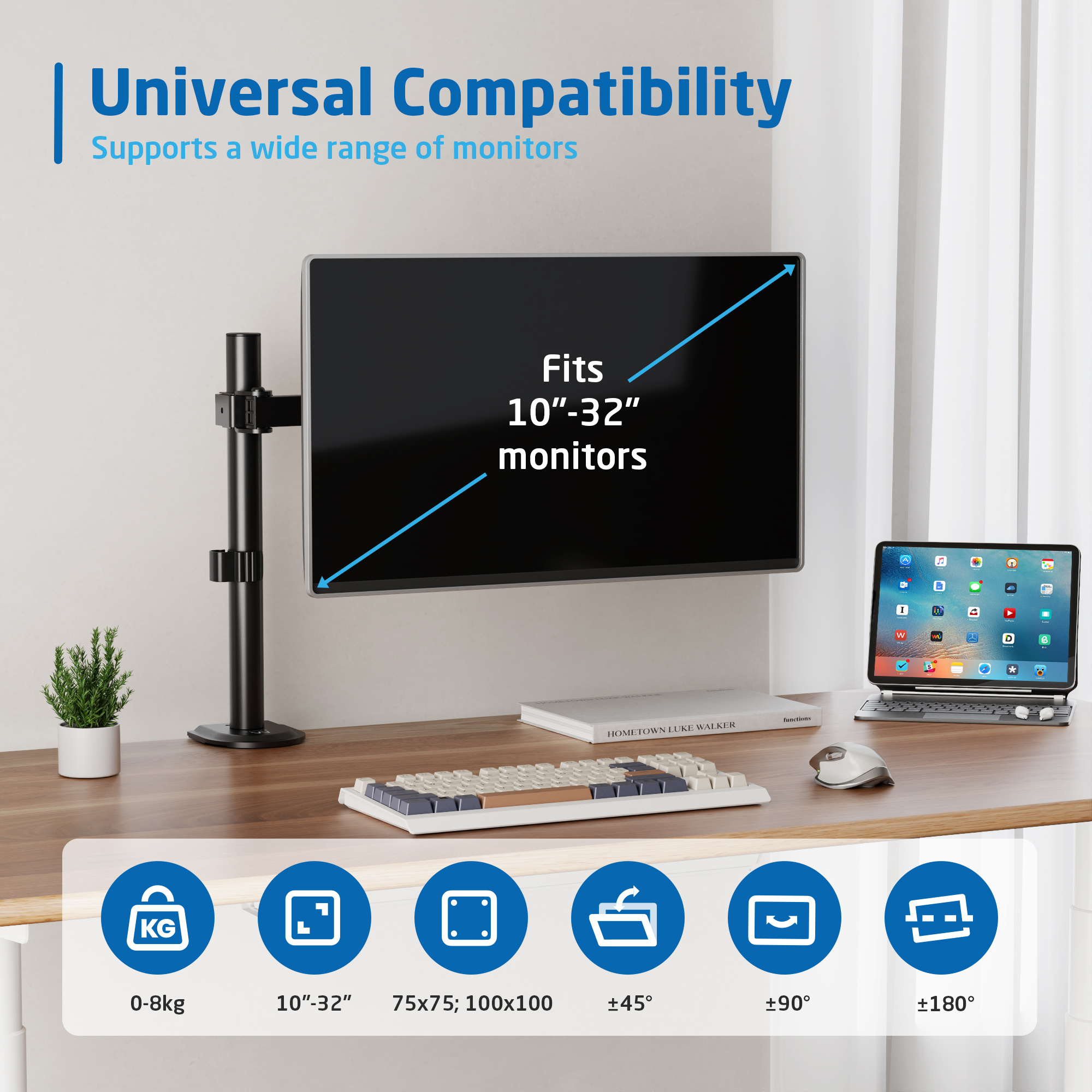 SUPPORTO DA SCRIVANIA BRACCIO PER MONITOR-TV LCD/LED 13" - 32" INCLINABILE -90° / +90° CON MORSETTO DUE SNODI VESA 75*75 e 100*100 8 KG