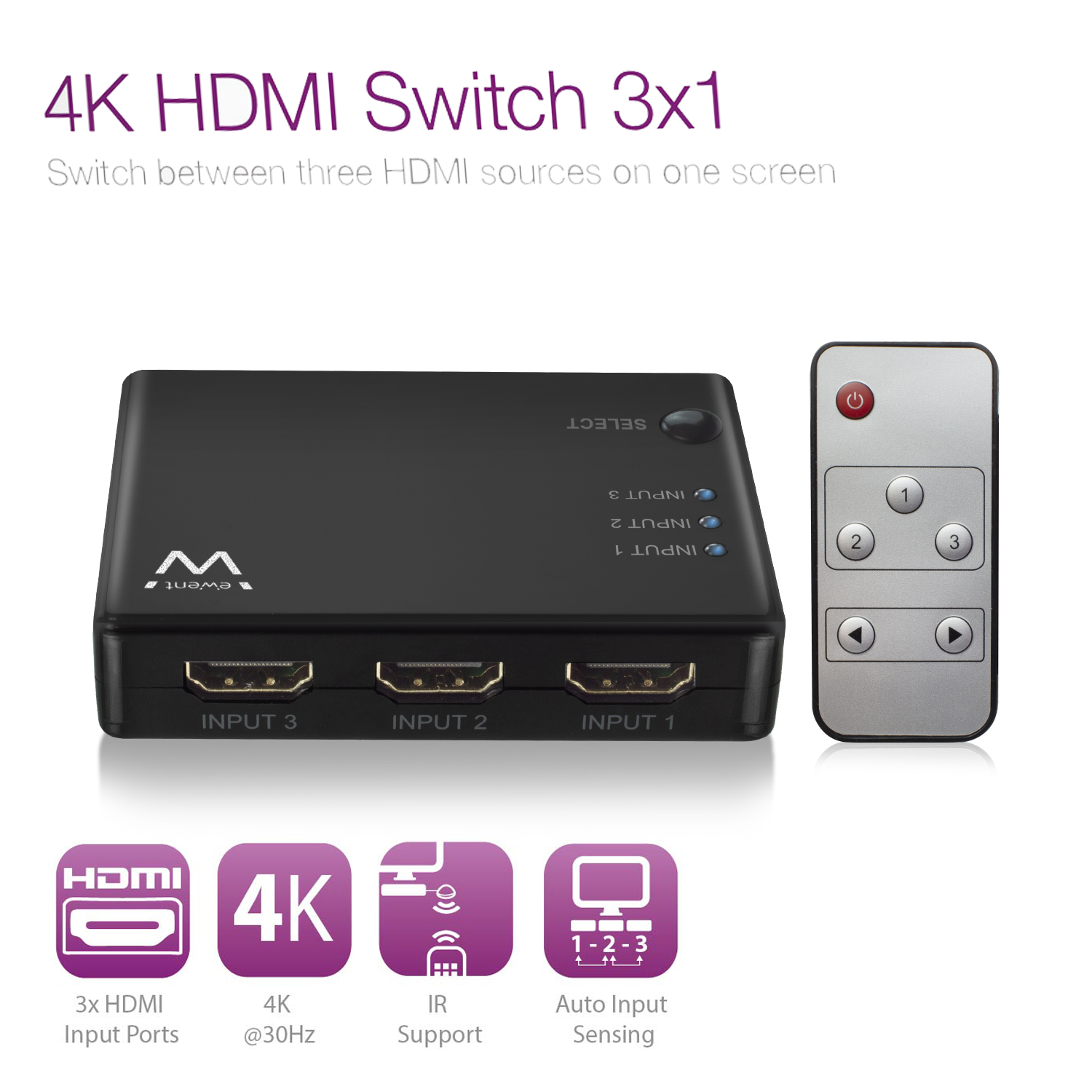 SWITH HDMI 4K ATTIVO 3 INGRESSO (HDMI) - 1 USCITE (HDMI) + TELECOMANDO 4K @ 30Hz EWENT EW3730