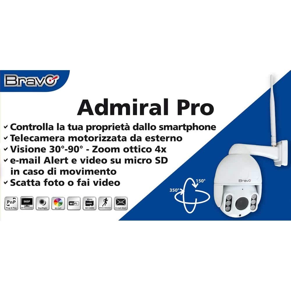 TELECAMERA MOTORIZZATA DA ESTERNO IP65 ADMIRAL PRO 1080p Wi-Fi/LAN, MicroSD, MICROFONO INTEGRATO, COLORE BIANCO