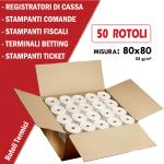 ROTOLO TERMICO 80x80mt anima da 12mm  per REGISTRATORI DI CASSA - STAMPANTI FISCALI - STAMPANTI COMANDE - STAMPANTI TICKET - TERMINALI BETTING CONF. 50PZ