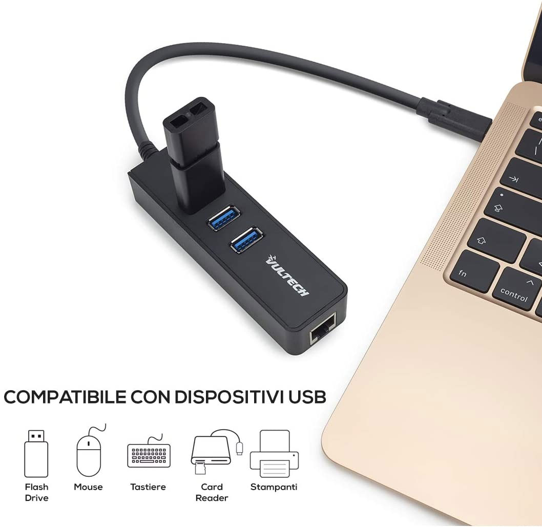 ADATTATORE RETE USB/LAN (USB Type-C a ETHERNET Gigabit)+ HUB 3 PORTE USB 3.0 ATC-02