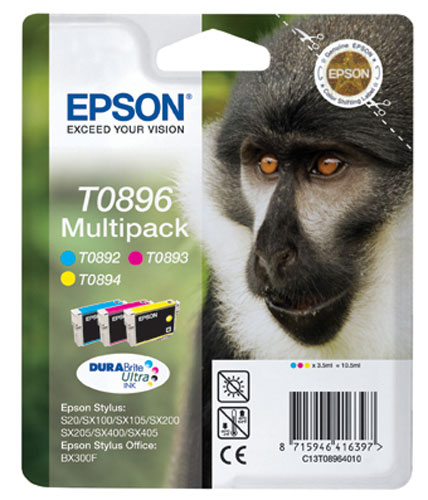 MULTIPACK INK-JET EPSON C/M/Y S20 S21 SX100 SX110 SX200 BX300F ORIGINALE T0896