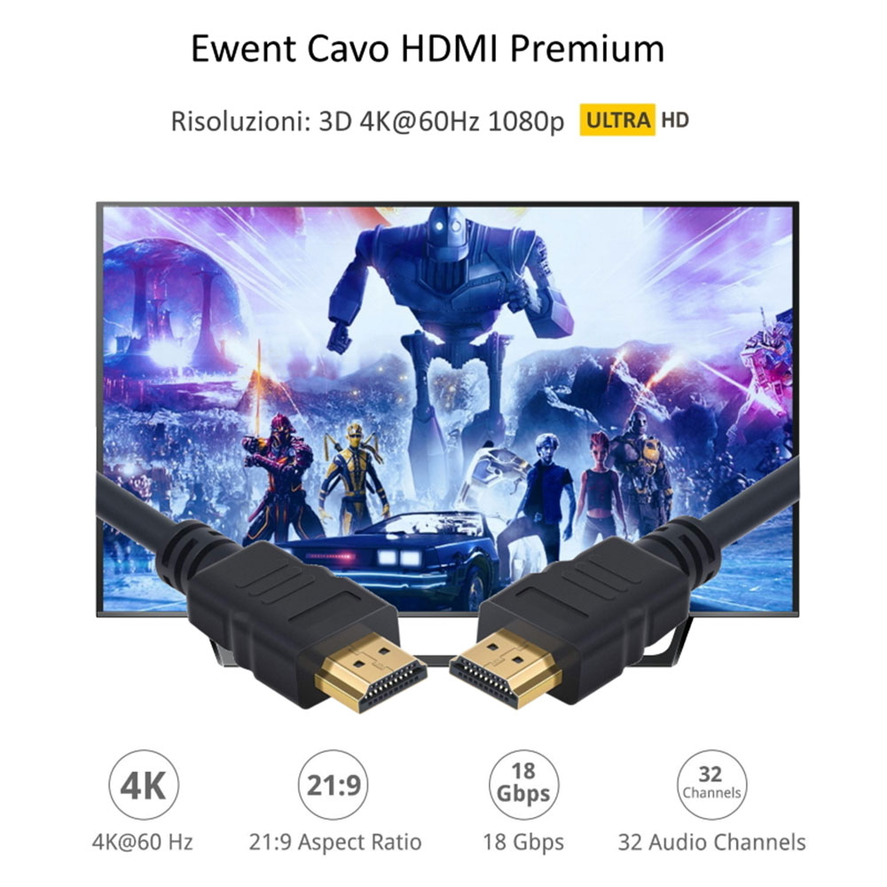 CAVO EWENT HDMI PREMIUM 3D/UHD 4K M/M CON CONNETTORI GOLD CON ETHERNET 3.0MT