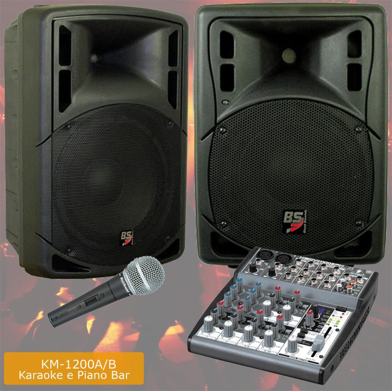 IMPIANTO KARAOKE E PIANO BAR PROFESSIONALE 2 CASSE BI-AMPLIFICATE 1200W + 1 MICROFONO PROFESSIONALE + 1 MIXER PASSIVO 6 CANALI CON 100 FX 24Bit EFFETTI VOCE + CAVI (KM-1200A/B)