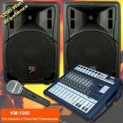 IMPIANTO KARAOKE E PIANO BAR PROFESSIONALE 2 CASSE PASSIVE 1200W + 1 MICROFONO PROFESSIONALE + 1 MIXER AMPLIFICATO 12 CANALI DSP EFFETTI VOCE + CAVI (KM-1200)