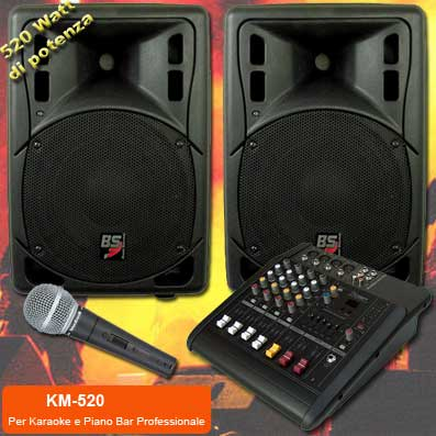 IMPIANTO KARAOKE E PIANO BAR PROFESSIONALE 2 CASSE PASSIVE 460W + 1 MICROFONO PROFESSIONALE + 1 MIXER AMPLIFICATO 4 CANALI DSP EFFETTI VOCE + CAVI (KM-520)