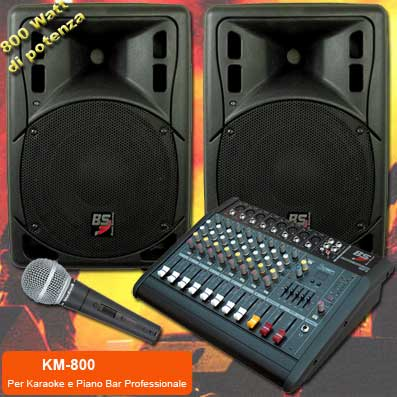 IMPIANTO KARAOKE E PIANO BAR PROFESSIONALE 2 CASSE PASSIVE 800W + 1 MICROFONO PROFESSIONALE + 1 MIXER AMPLIFICATO 8 CANALI DSP EFFETTI VOCE + CAVI (KM-800)
