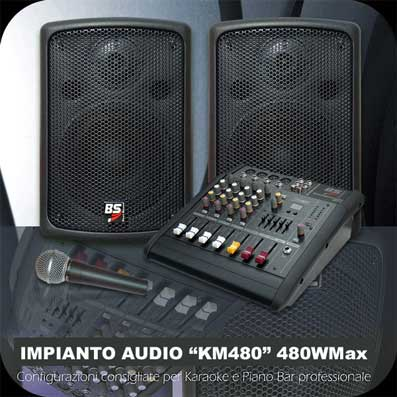 IMPIANTO KARAOKE E PIANO BAR PROFESSIONAL 2 CASSE AMPLIFICATE 240W R.M.S. + 1 MICROFONO PRO + 1 MIXER PASSIVO 4 CANALI DSP EFFETTI VOCE + CAVI (KM-480A)