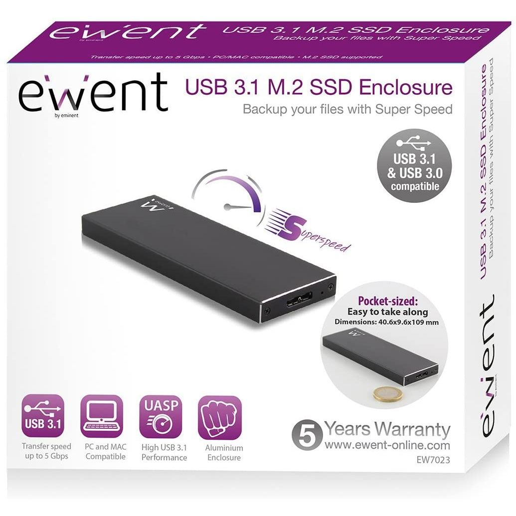 BOX ESTERNO EWENT IN ALLUMINIO PER SSD M.2 SATA INTERFACCIA USB 3.1 SENZA VITI EW7023
