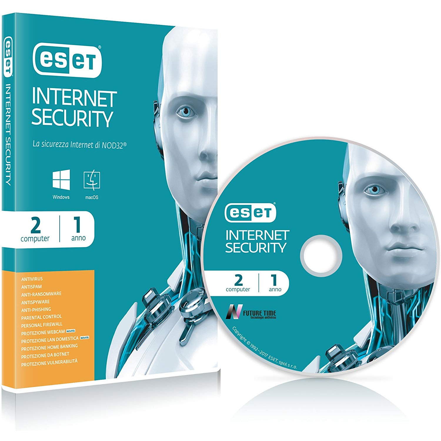 SOFTWARE ESET ANTIVIRUS INTERNET SECURITY NOD32 FULL LICENZA  PER 2PC RETAIL per Windows